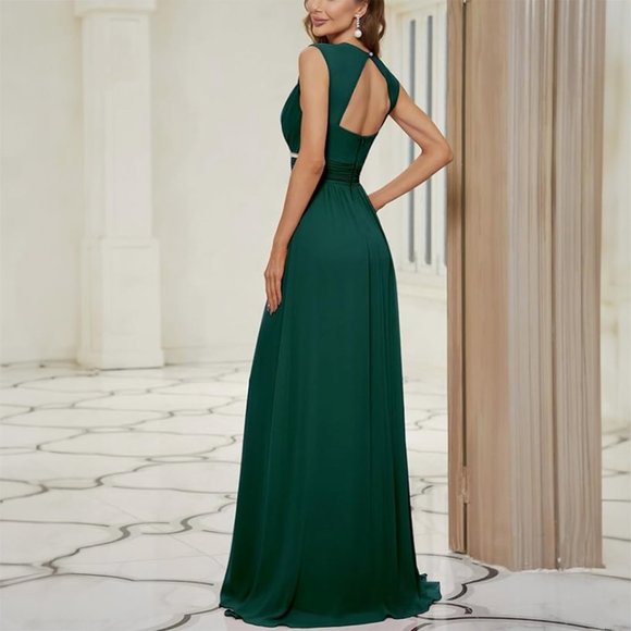 Ever-Pretty Women's Chiffon V Neck Cap Sleeve Backless Gown in Deep Green - Picture 2 of 16